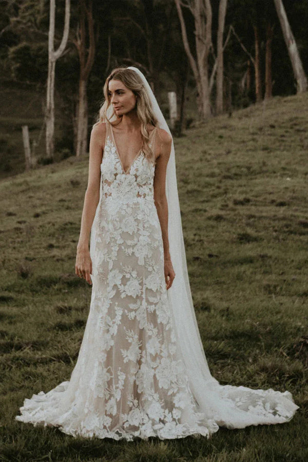 Vestido de novia rústico elegante con escote en V y encaje floral WD658