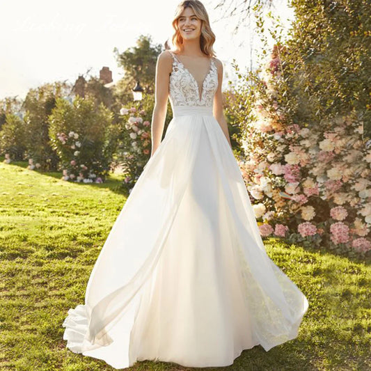 Chiffon Lace Bridal Dresses Deep V-Neck Wedding Gown A-Line Sleeveless robe de mariée bohème Buttons Backless Bride Custom Made-payinti