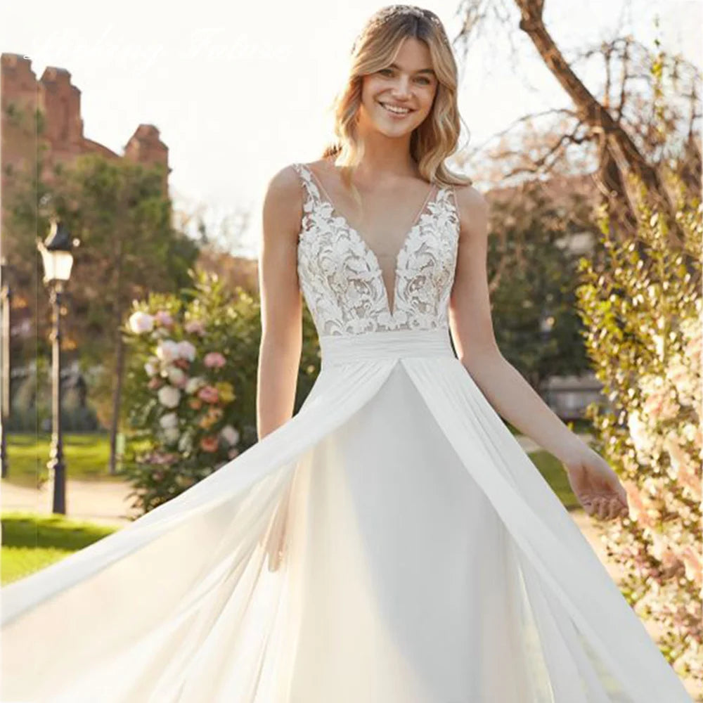 Chiffon Lace Bridal Dresses Deep V-Neck Wedding Gown A-Line Sleeveless robe de mariée bohème Buttons Backless Bride Custom Made-payinti
