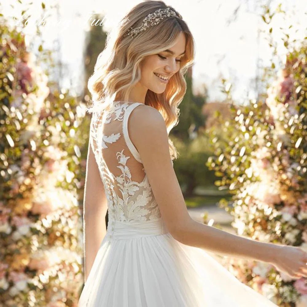 Chiffon Lace Bridal Dresses Deep V-Neck Wedding Gown A-Line Sleeveless robe de mariée bohème Buttons Backless Bride Custom Made-payinti