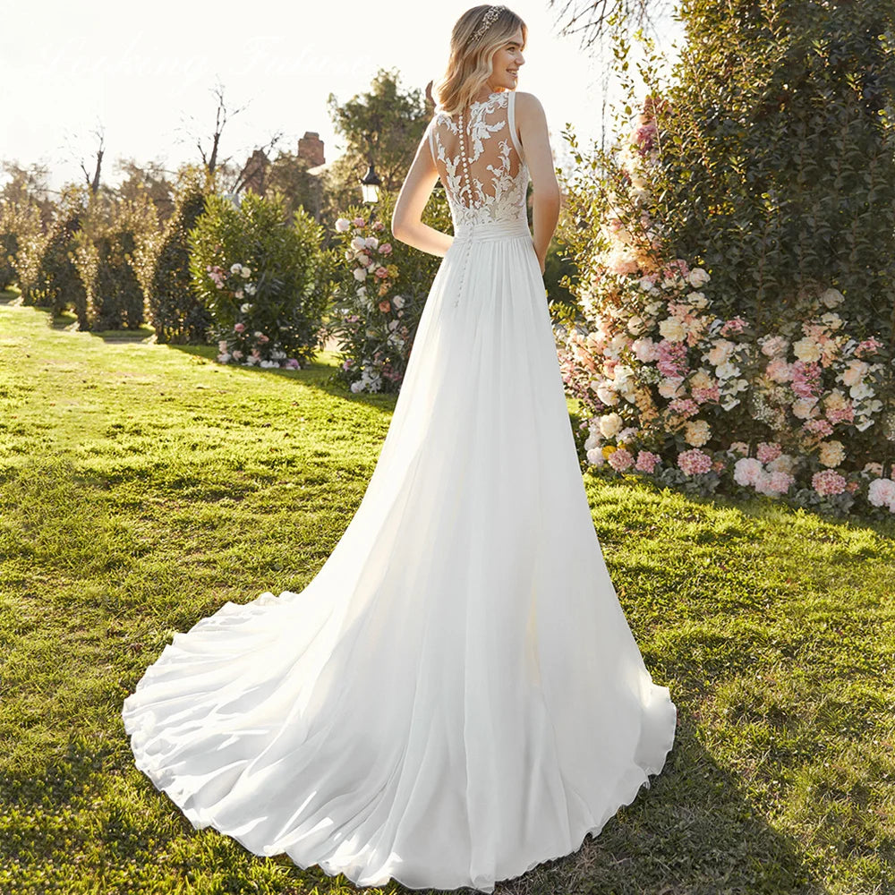 Chiffon Lace Bridal Dresses Deep V-Neck Wedding Gown A-Line Sleeveless robe de mariée bohème Buttons Backless Bride Custom Made-payinti