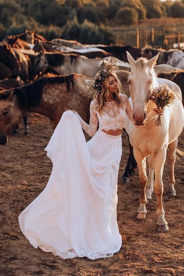 Vestido de novia de dos piezas de gasa, corte A, manga larga, WD553