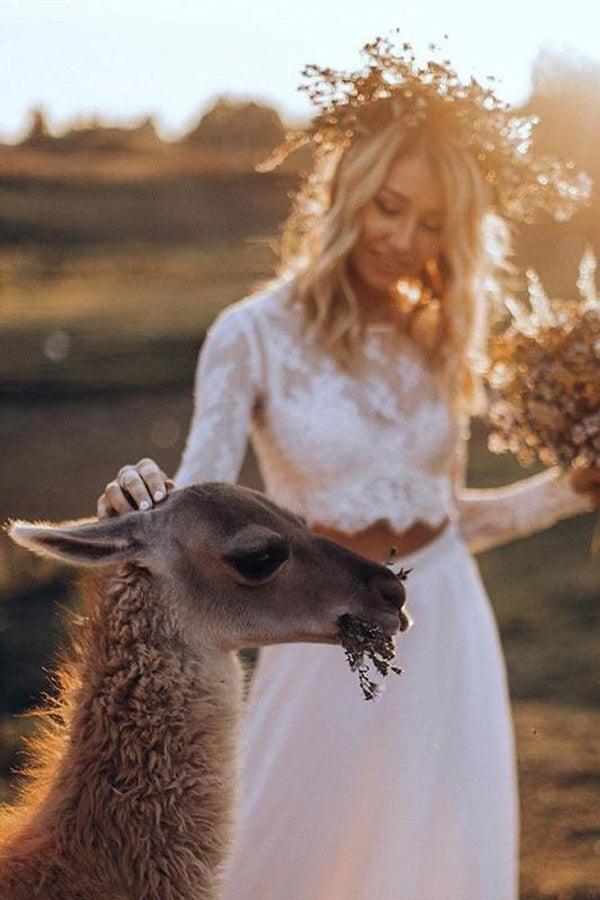 Vestido de novia de dos piezas de gasa, corte A, manga larga, WD553