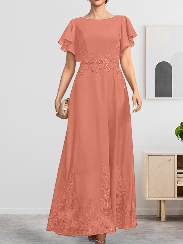A-Linie U-Ausschnitt Knöchellang Spitzen-Chiffon-Kleid für die Brautmutter mit Pailletten