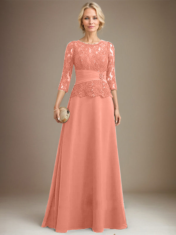 Vestido de gasa con encaje, corte A, ilusión, largo hasta el suelo, para madre de la novia, con lentejuelas plisadas y abalorios