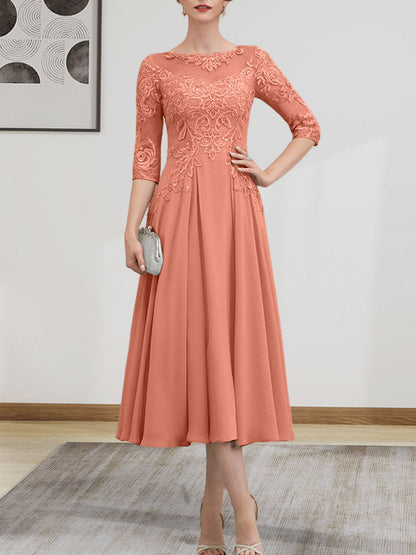 A-line Scoop Illusion Tea-Length Chiffon Lace Mother of the Bride Dress With Beading Sequins