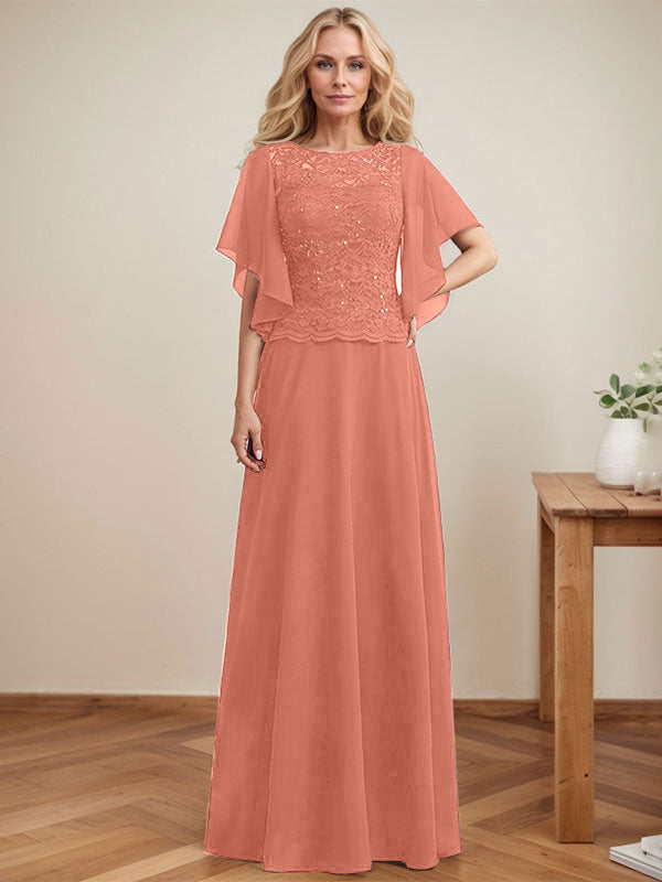 Vestido de gasa con encaje y lentejuelas para madre de la novia, corte A, escote ilusión, largo hasta el suelo