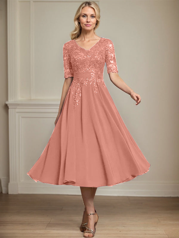Vestido de gasa con encaje y lentejuelas para madre de la novia, corte A, escote en V y largo hasta la rodilla