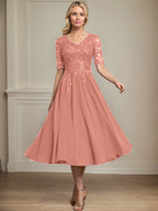 Vestido de gasa con encaje y lentejuelas para madre de la novia, corte A, escote en V y largo hasta la rodilla