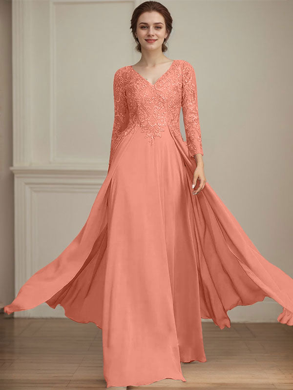 Vestido de madre de la novia de gasa con encaje, escote en V y lentejuelas, largo hasta el suelo