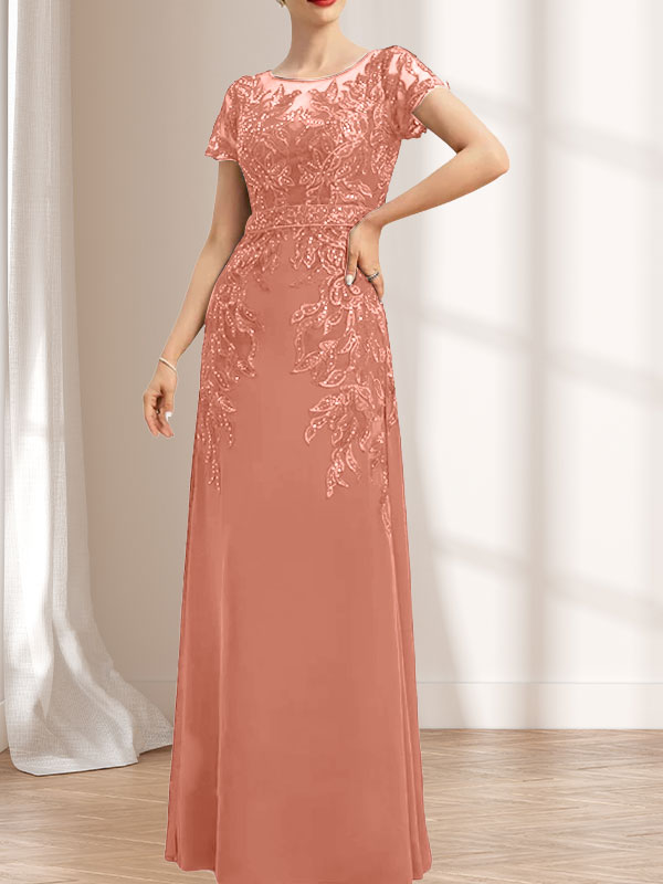 Vestido de madre de la novia de gasa con encaje, escote redondo, ilusión, largo hasta el suelo, con lentejuelas