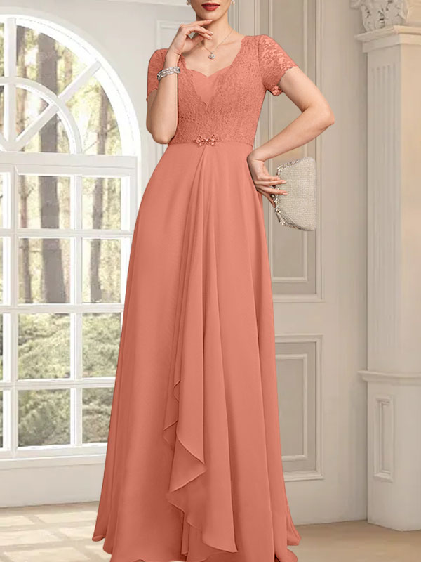 Vestido de madre de la novia de gasa con encaje, corte en A, escote corazón, largo hasta el suelo, con volantes en cascada y cuentas