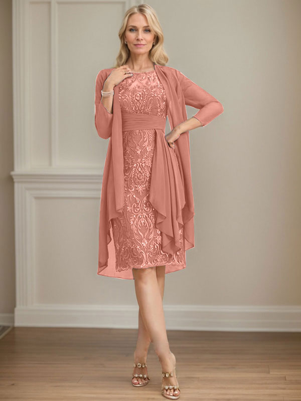 Vestido de madre de la novia de gasa con encaje, escote redondo, ilusión, largo hasta la rodilla, con volantes en cascada y lentejuelas
