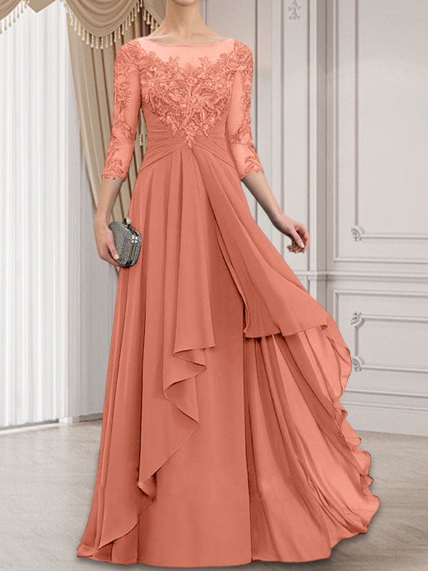 A-line Scoop Illusion Floor-Length Lace Chiffon Mother of the Bride Dress With Cascading Ruffles