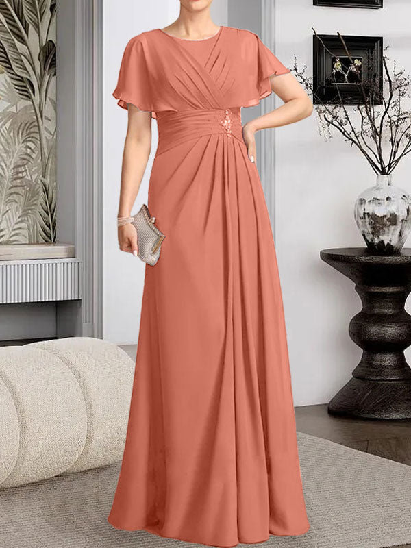Vestido de gasa para madre de la novia con corte en A, escote redondo y largo hasta el suelo, con cuentas plisadas