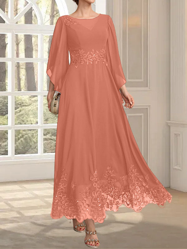 Vestido de gasa con encaje y lentejuelas para madre de la novia, corte A, escote ilusión, largo hasta los tobillos