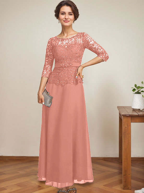 Vestido de gasa con encaje y escote en A, ilusión, largo hasta los tobillos, para madre de la novia con cuentas de diamantes de imitación