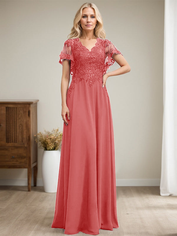 Vestido de madre de la novia de gasa con encaje, escote en V y lentejuelas, largo hasta el suelo