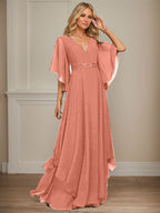 Vestido de gasa para madre de la novia, corte A, escote en V, largo hasta el suelo, con apliques de lentejuelas, encaje y abalorios