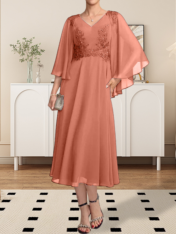 A-Linie V-Ausschnitt Wadenlanges Chiffon-Spitzenkleid für die Brautmutter mit Perlen und Pailletten