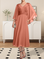 A-Linie V-Ausschnitt Wadenlanges Chiffon-Spitzenkleid für die Brautmutter mit Perlen und Pailletten