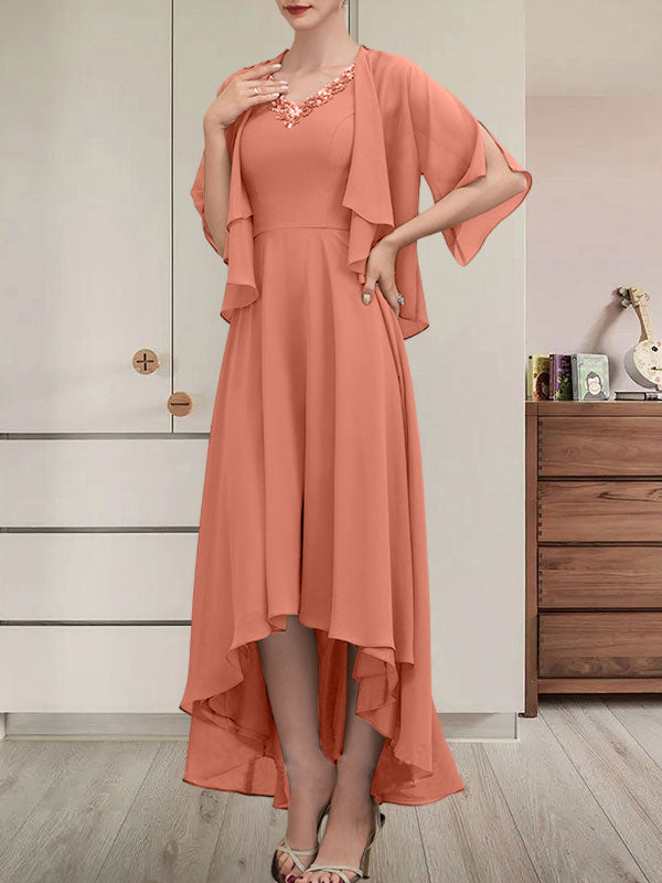 A-Linien-Kleid mit V-Ausschnitt, asymmetrischem Chiffon für die Brautmutter mit Perlen und Pailletten