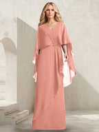 Vestido de gasa para madre de la novia con escote en V, corte A y largo hasta el suelo, con volantes en cascada y cuentas