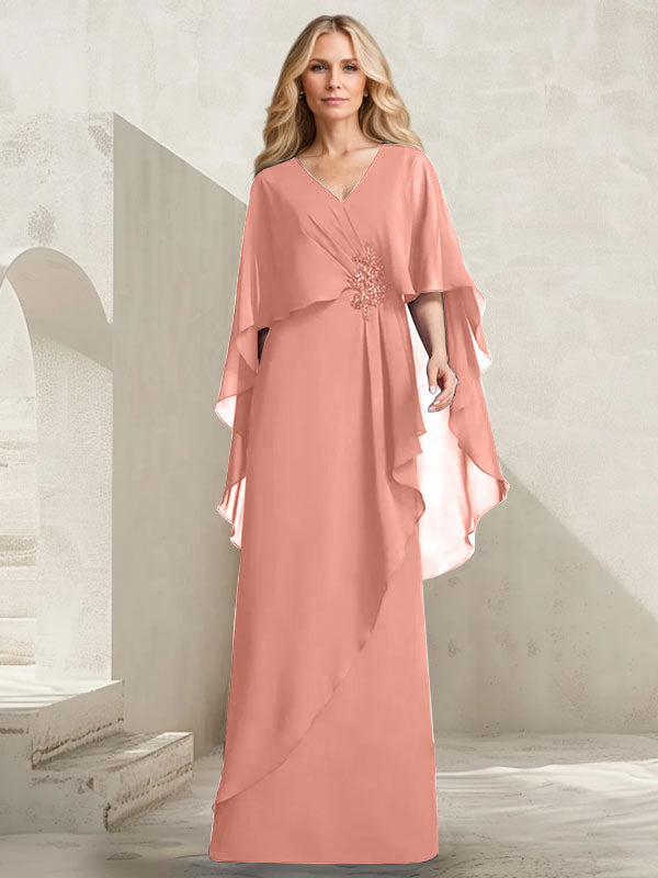 Vestido de gasa para madre de la novia con escote en V, corte A y largo hasta el suelo, con volantes en cascada y cuentas