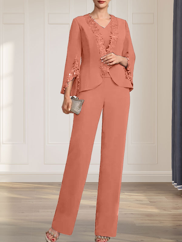 Vestido de gasa para madre de la novia, con escote en V y largo hasta el suelo, de mono/pantalón separado
