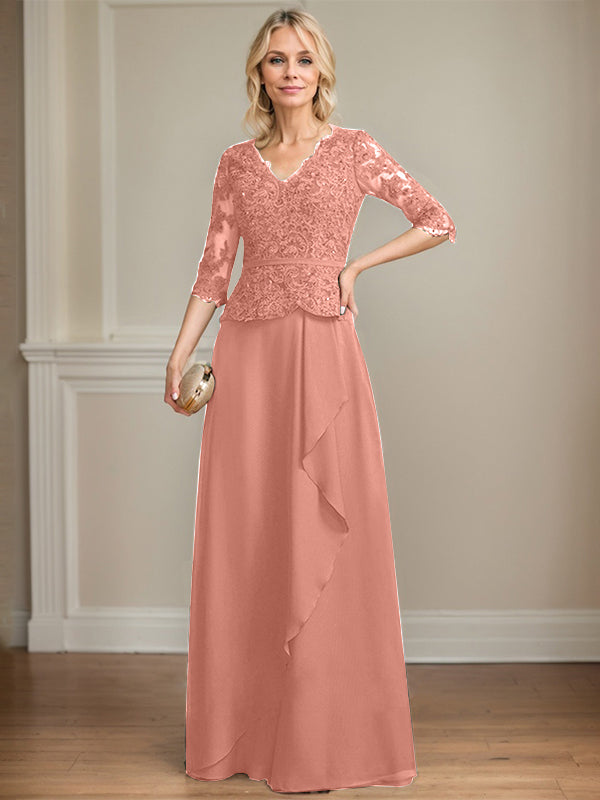 Vestido de madre de la novia de gasa con encaje, escote en V, largo hasta el suelo, con volantes en cascada y lentejuelas