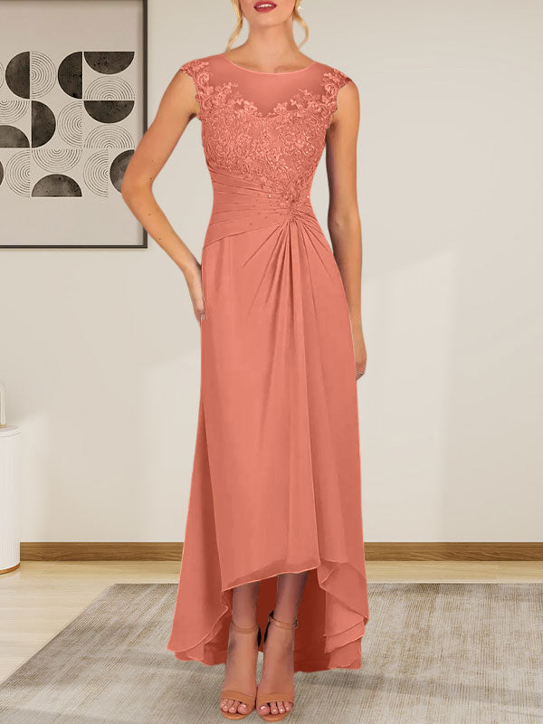 Vestido de gasa con encaje y escote redondo en forma de A color champán