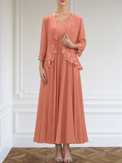 A-line V-Neck Ankle-Length Chiffon Mother of the Bride Dress With Sequins Appliques Lace Beading
