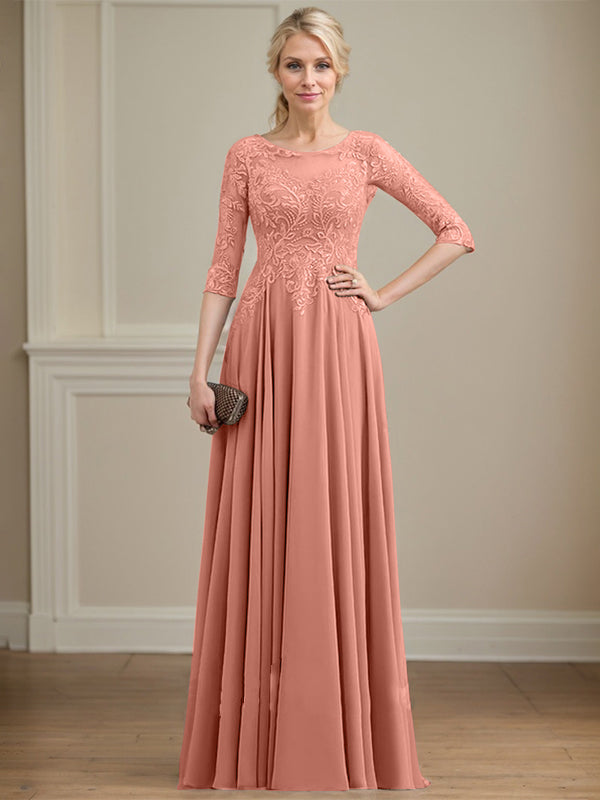 Vestido de gasa con encaje y lentejuelas para madre de la novia, corte A, escote ilusión, largo hasta el suelo