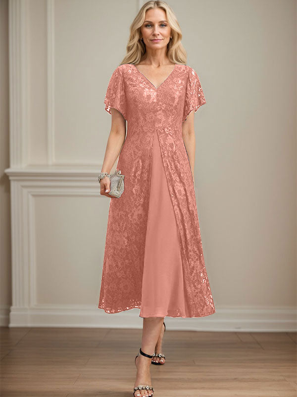 Vestido de gasa con encaje y escote en V para madre de la novia, largo hasta la rodilla