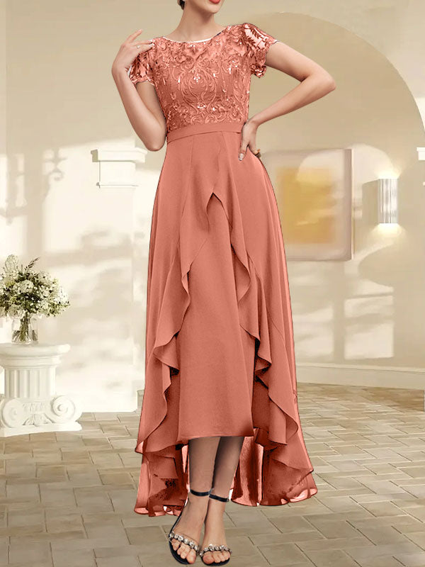 Vestido de madre de la novia de gasa asimétrica con escote en A, ilusión, encaje, lazo, volante y lentejuelas