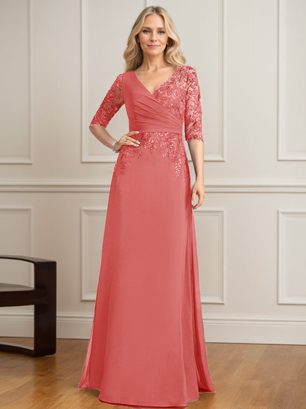 Vestido de madre de la novia de gasa con encaje, escote en V y lentejuelas plisadas hasta el suelo