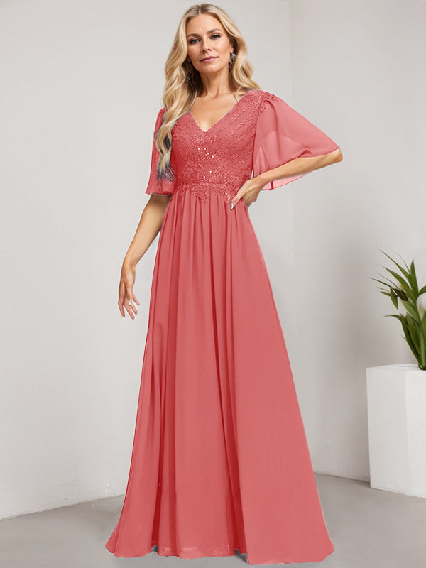 Vestido de madre de la novia de gasa con encaje, escote en V y lentejuelas, largo hasta el suelo