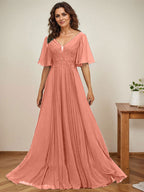 Vestido de gasa para madre de la novia, corte A, escote en V, largo hasta el suelo, con apliques de lentejuelas y encaje plisado