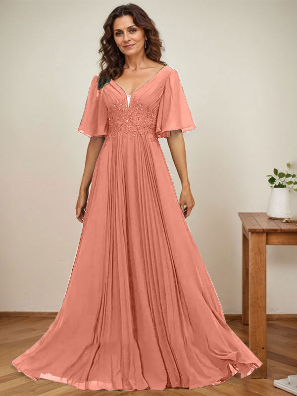 Vestido de gasa para madre de la novia, corte A, escote en V, largo hasta el suelo, con apliques de lentejuelas y encaje plisado