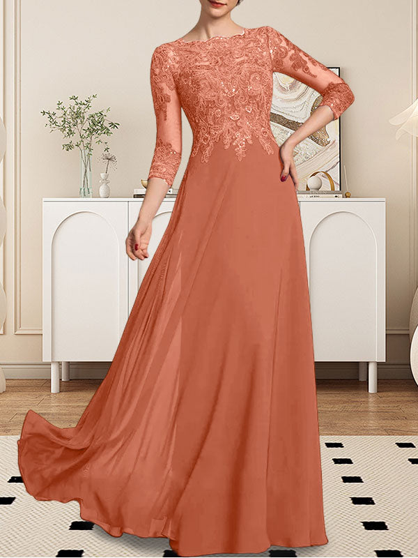 Vestido de gasa con encaje y lentejuelas para madre de la novia, corte A, largo hasta el suelo