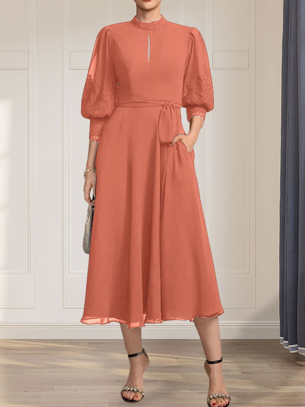 A-Linien-Kleid mit hohem Halsausschnitt und bodenlangem Spitzenchiffonkleid mit Schleife