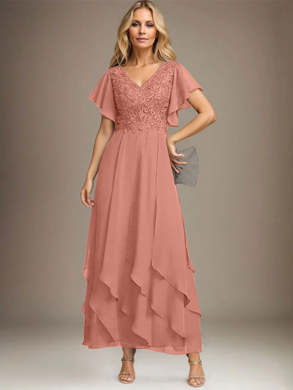 A-line V-Neck Ankle-Length Lace Chiffon Mother of the Bride Dress With Cascading Ruffles