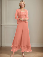 Vestido de madre de la novia de gasa con encaje y lentejuelas, largo hasta los tobillos, con mono/pantalón separado