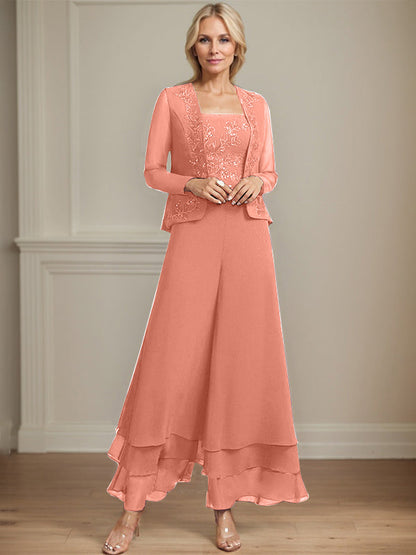 Separates Jumpsuit/Hosenanzug Quadratisches Knöchellanges Spitzenchiffonkleid für die Brautmutter mit Pailletten 