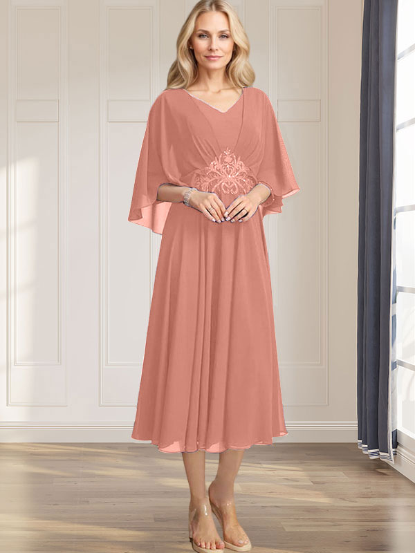A-Linie V-Ausschnitt Wadenlanges Chiffonkleid für die Brautmutter mit plissierten Paillettenapplikationen Spitzenbesatz 