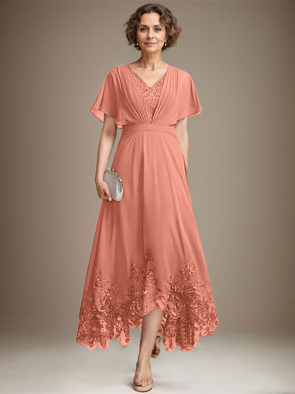 Vestido de madre de la novia de gasa con encaje asimétrico, escote en V y corte A con pliegues