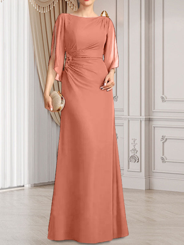Vestido de gasa para madre de la novia con corte tubo/columna, escote redondo y largo hasta el suelo, con cuentas plisadas