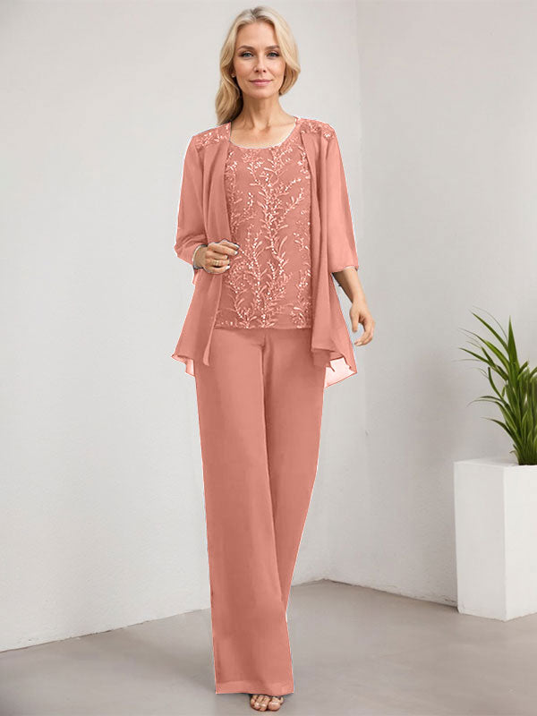 Vestido de madre de la novia de gasa con encaje, largo hasta el suelo, con lentejuelas y mono/pantalón separado