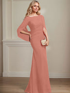 Vestido de madre de la novia de gasa con escote barco, corte trompeta/sirena, largo hasta el suelo, con pliegues