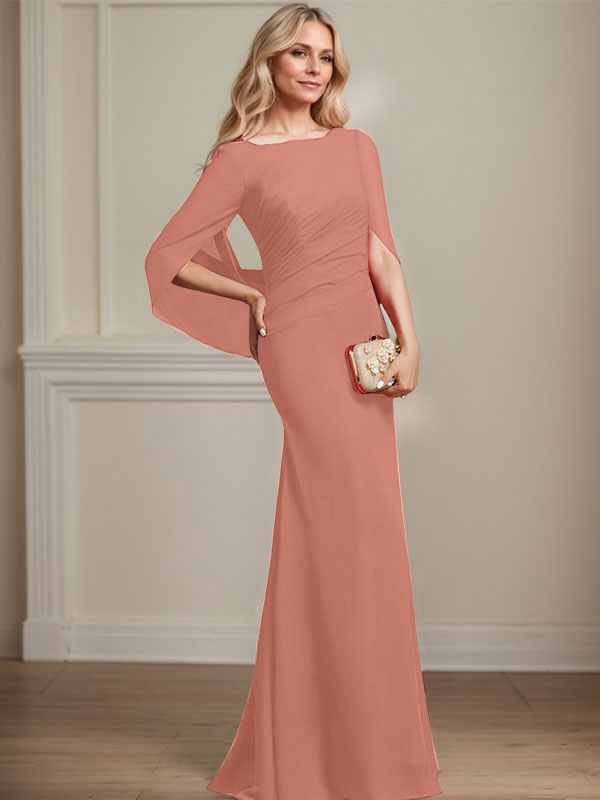Vestido de madre de la novia de gasa con escote barco, corte trompeta/sirena, largo hasta el suelo, con pliegues